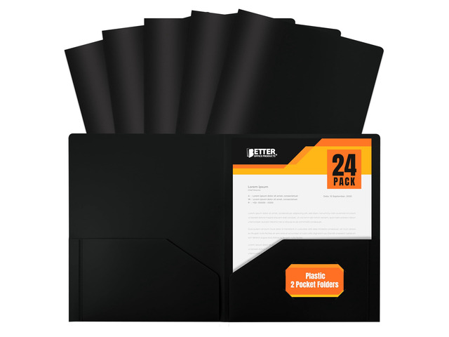 Heavyweight Plastic 2 Pocket Portfolio Folder, Letter Size Poly Folders 24 Pack (Black)