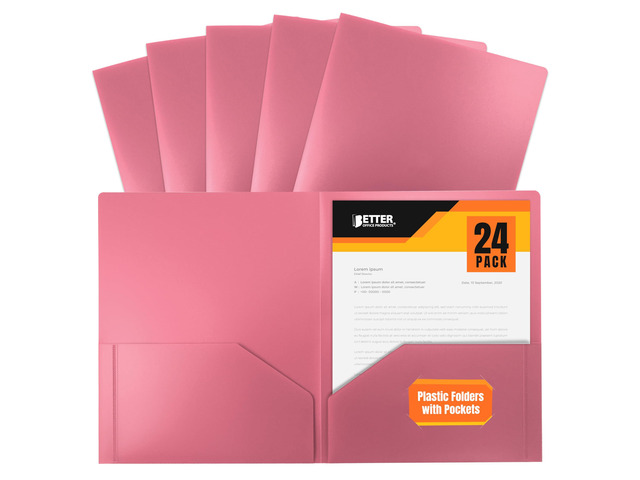 Heavyweight Plastic 2 Pocket Portfolio Folder, Letter Size Poly Folders, 24 Pack (Pink)