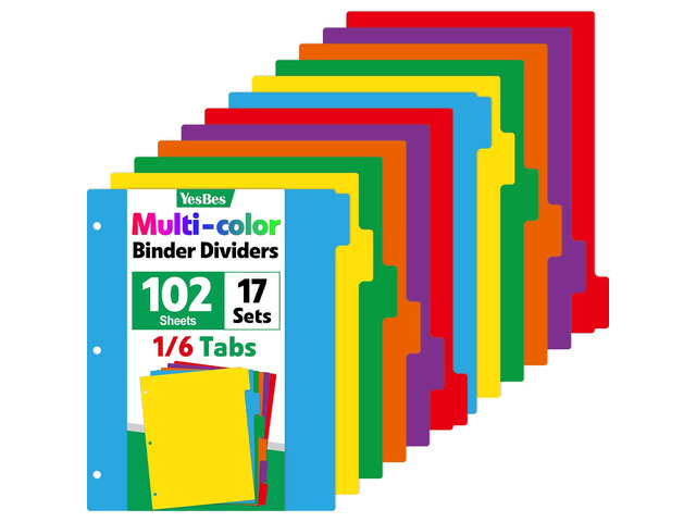 102 Pcs Colored Binder Dividers with Tabs, 1/6 Cut Tabs, Dividers for 3 Ring Binder, Blank Write On Binder Dividers in 6 Tab Sets, Letter Size, 102...