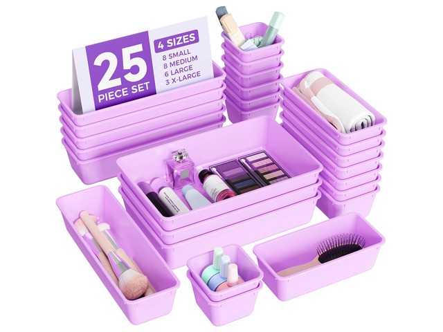 25 PCS Plastic Drawer Organizers Set, 4-Sizes Vanity and Makeup Organizer, Desk and bathroom Drawer Organizer Trays, Organizers and Storage for...