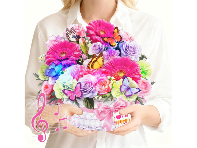 Birthday Card For Women with Music Lights, 3D Pop Up Daisy Bouquet 10 Inch Life Size, Daisy Butterfly Forever Flower, Play Music,Lights...