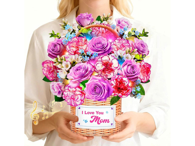 Birthday Card For Women With Music Light, Pop Up Carnation Bouquet 10 Inch Life Size, Play Music, Lights Dance, 3D Paper Forever Flower, Musical...