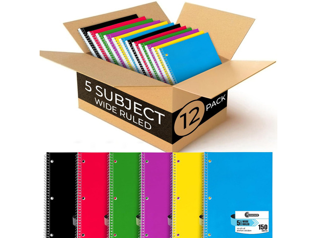 Spiral Notebook 12 Pack, 5 Subject, Wide Ruled, 150 Sheets Spiral Journal, 300 Pages, 8 x 10-1/2', School & Office Bulk Spiral Notebooks, 5 Subject...