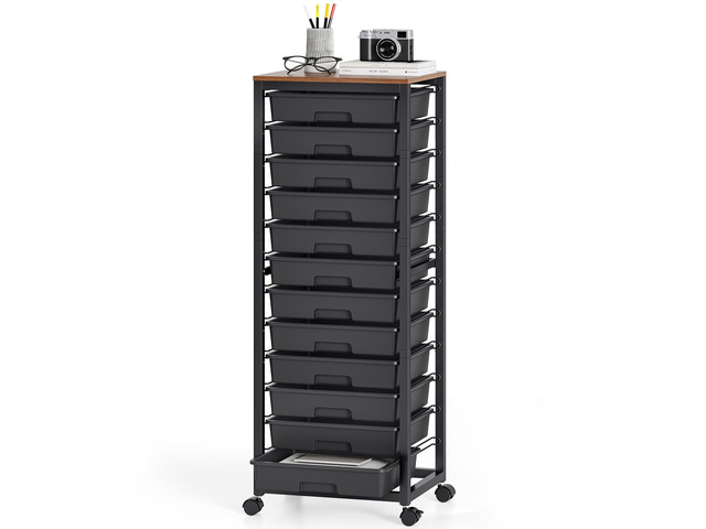 Rolling Cart with 12 Drawers,Black Storage Cart with Wooden Tabletop and Wheels for Craft Organizer,Classroom,Office,Easy Assembly