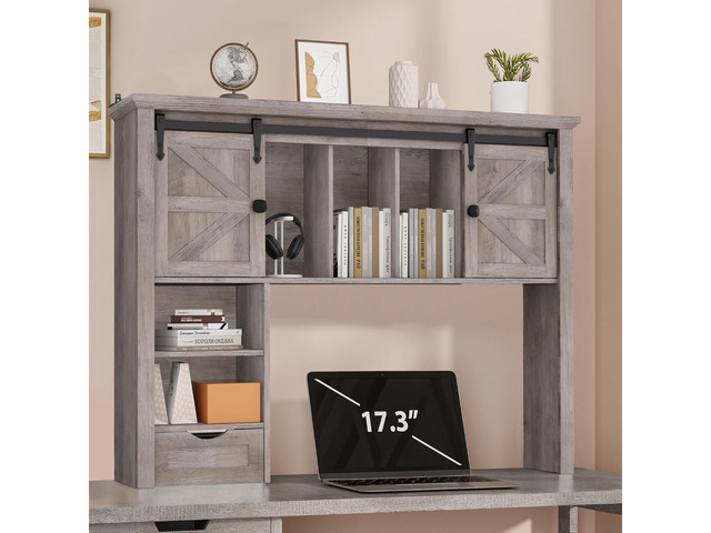 Large Desktop Bookshelf with Sliding Barn Door, 47.2''W Desk Shelf Display Rack, Desktop Organizer Storage Rack with 7 Cubbies and Drawer, Home,...