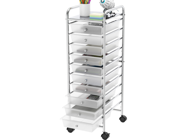 10 Drawers Rolling Utility Cart Organizer, Chrome 1-Column, 36' Height, Lockable Wheels, for School, Office, Art Craft, and Paper Storage