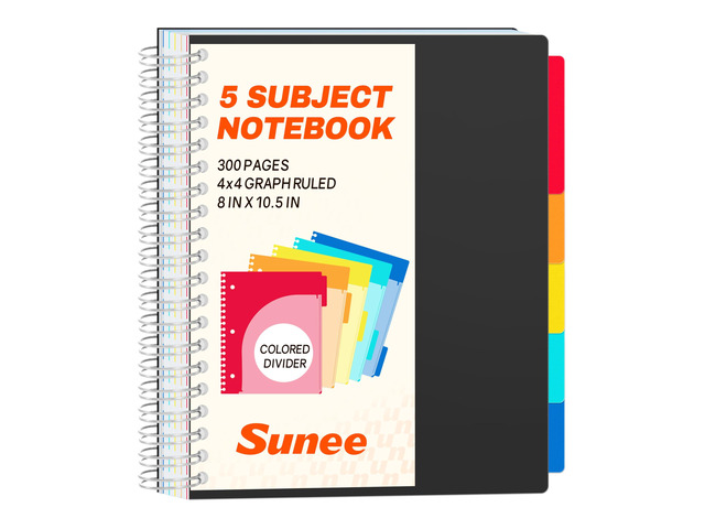 Graph Paper Notebook 4x4 Grid Ruled 300 Pages, 5 Tabbed Pocket Dividers, 8'x10.5', 3 Hole Punched, Durable PP Cover Spiral Grid Notebook for...