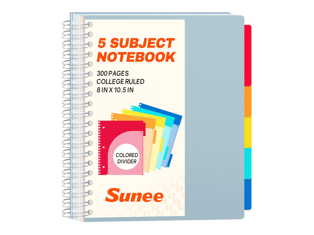Spiral Notebooks for Work with Removable Dividers & Tabs College Ruled 5 Subject, 300 Pages, 3 Hole Punched, Durable PP Cover, 8'x10.5' Notebooks...