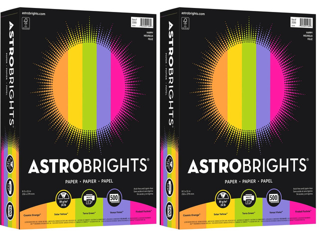 Astrobrights(R) Bright Color Paper, 8 1/2in. x 11in., 24 Lb, Assorted Colors, Ream Of 500 Sheets, 21289, (Pack of 2)