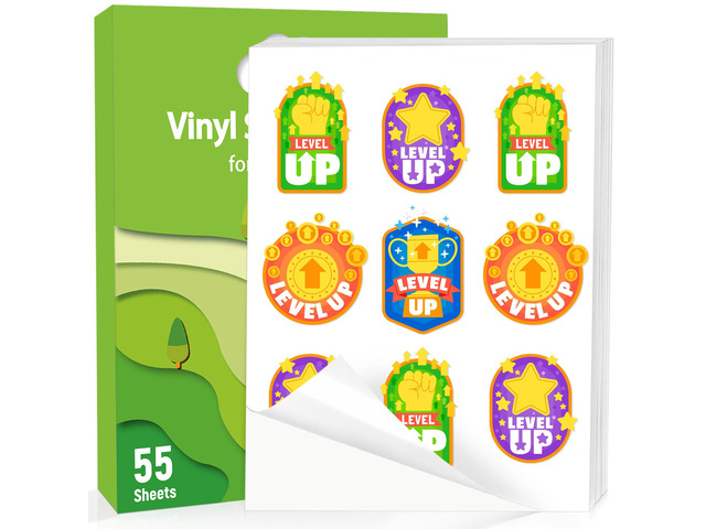 Glossy Printable Vinyl Sticker Paper for Printer, 55 Sheets Waterproof Decal for Inkjet & Laser Printers, Compatible with Cricut, 8.5'x11' White...