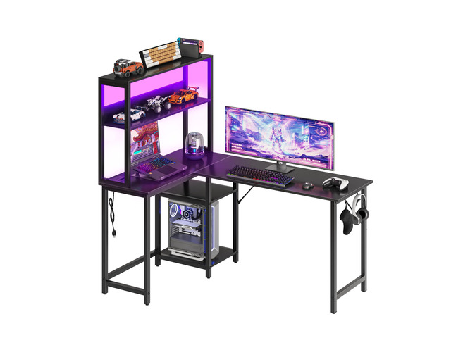 53' L Shaped Gaming Desk Reversible Corner Desk for Home Office Computer Desk with Power Outlet, Writing Table with LED Lights, Adjustable Shelves...