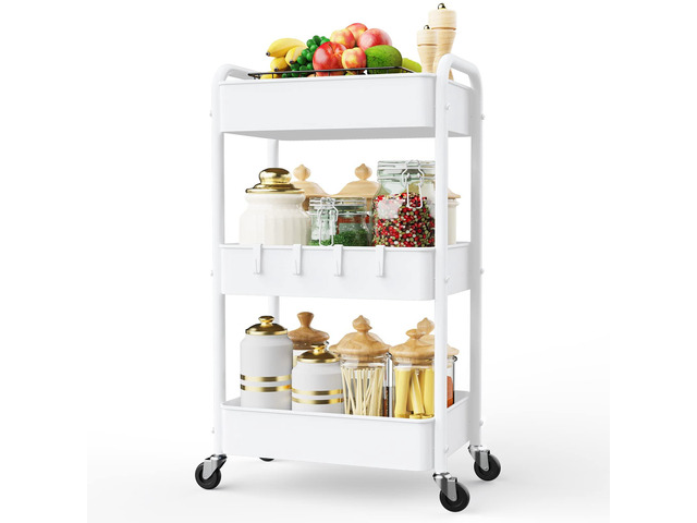 3 Tier Rolling Cart, Metal Rolling Utility Cart with Lockable Wheels Multi-Functional Heavy Duty Storage Cart Organizer for Bathroom, Kitchen,...