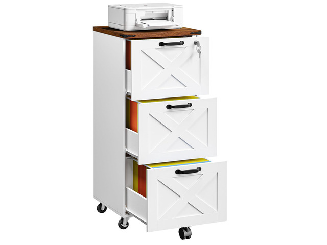 3 Drawer File Cabinet with Lock, Mobile Filing Cabinet for Home Office, Wooden Farmhouse Office Storage Cabinet, Printer Stand Fits Letter and A4...