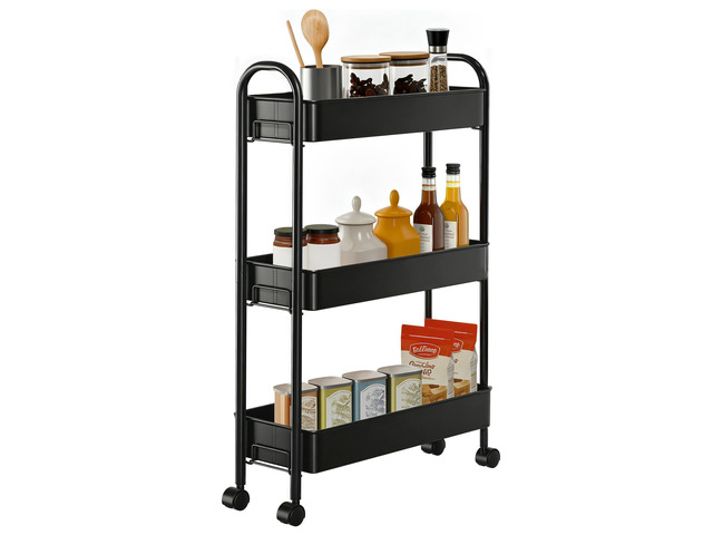 Slim Rolling Cart, Metal Frame Utility Rolling 3-Tier Narrow Storage Cart Kitchen Storage Organizer, Mobile Shelving Unit for Bathroom Kitchen