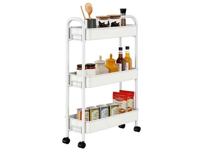 Slim Rolling Cart, Metal Frame Utility Rolling 3-Tier Narrow Storage Cart Kitchen Storage Organizer, Mobile Shelving Unit for Bathroom Kitchen