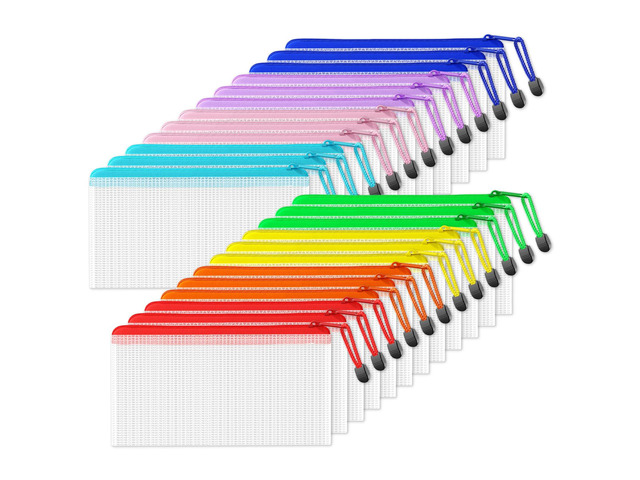 Plastic Mesh Zipper Pouch 4.6x9.2 in (8 Colors, 24 Packs), Small Water-Resistant Zip Bag for School Office Supplies, Pencil Organizing Storage
