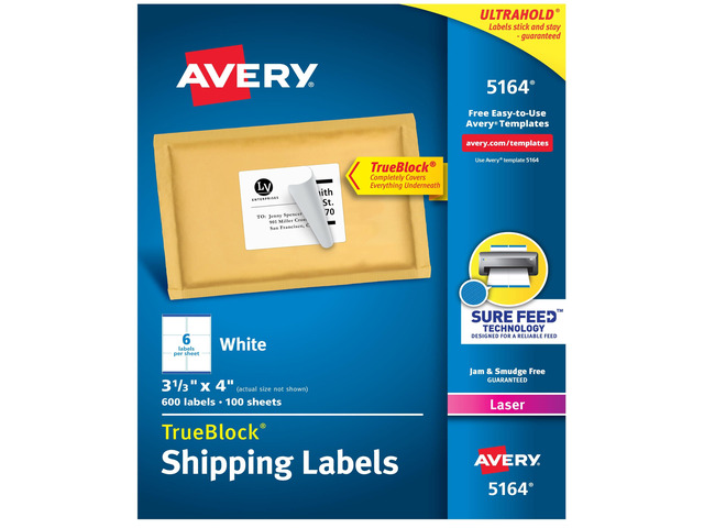 Printable Shipping Labels with Sure Feed, 3-1/3' x 4', White, 600 Blank Mailing Labels for Laser Printers (5164)
