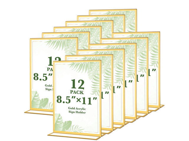 12 Pack Gold Acrylic Sign Holders 8.5x11 Inch Wedding Picture Frame Double Sided Clear Acrylic Frames for Menu Displays, Wedding Table Numbers,...
