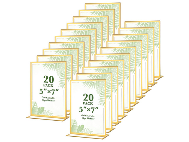 20 Pack Gold Acrylic Sign Holders 5x7 Gold Frames Double Sided Vertical Stand Clear Picture Frames for Wedding Table Numbers, Restaurant Signs,...