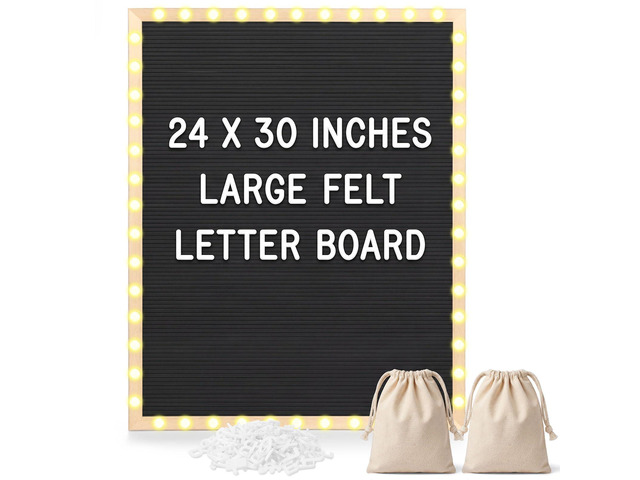 24 x 30 Inches Felt Letter Board & LED Light, Black, Natural Wood Custom Changeable Felt Message Board with 600 Letters for Pregnancy Announcement...