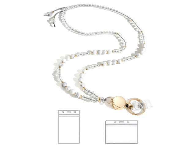 Lanyards for ID Badges and Keys,Natural Stone Beaded Teacher Lanyard for Women,Retractable Lanyard with ID Holder Cute Lanyards for Teacherswhite