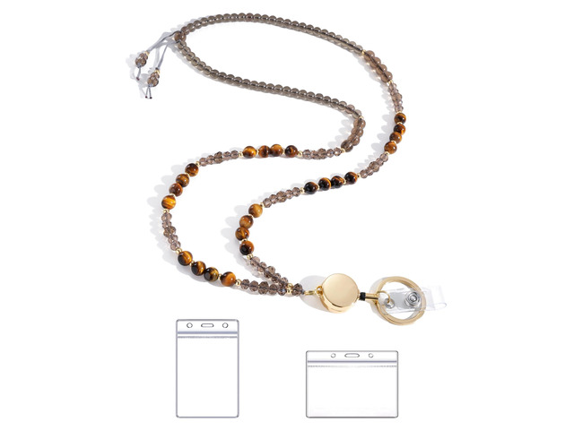 Lanyards for ID Badges and Keys,Natural Stone Beaded Teacher Lanyard for Women,Retractable Lanyard with ID Holder Cute Lanyards for Teachersbrown