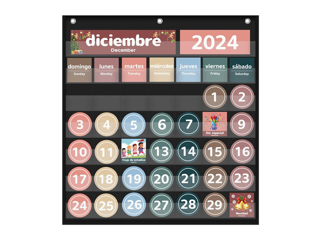 Monthly Calendar Pocket Chart for Classroom(Spanish Black) Printed Days of The Week with CardsLearning for Home or Kindergarten, Teacher Must Have...