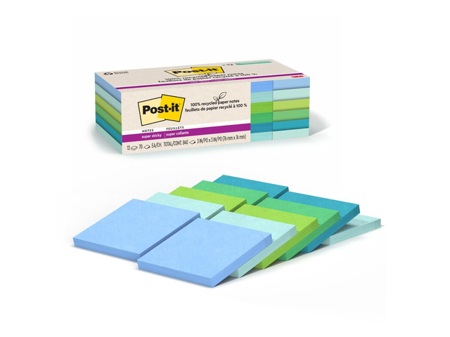 100% Recycled Super Sticky Notes, 3 x 3 in, Pastels, 5 Pads School Supplies and Office Products, 2X the Sticking Power