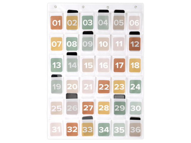 Cell Phone Holder for Classroom - Durable Pocket Chart, 36 Numbered Slots Hanging Chart with Hooks for Phones, Calculators and Headphones - Fits...