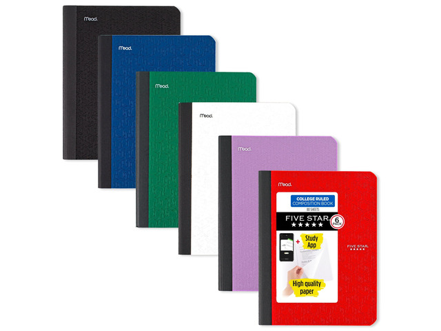 Composition Books + Study App, 6 Pack, College Ruled Paper, 9-3/4' x 7-1/2', 80 Sheets, Black, Red, Green, Blue, Purple, White (850065A-ECM)