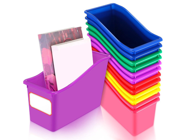 12 Pcs Book Bins Bulk for Classroom Storage Plastic Magazine Holder with Label Interlocking File Folder Organizer Binder Container Box for School...