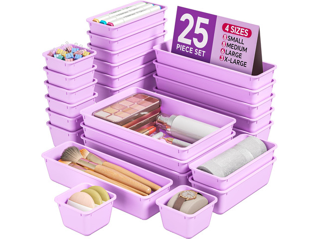 25 PCS Plastic Drawer Organizers Set, 4 Sizes Vanity Organizer, Makeup and Desk Drawer Organizer Trays, Organization and Storage for Makeup,...