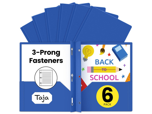 Plastic Folders with Pockets and Prongs (6 Pack, Blue), 2-Pocket Poly Folders with 3 Hole Punch and Business Card Slot, Fits Letter Size Paper, for...