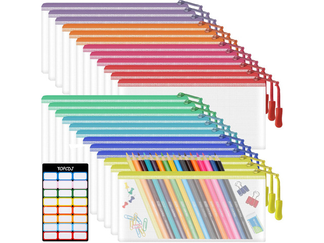 24pcs Mesh Zipper Pouch Bags 9.3 x 4.7 Inches, 8 Color Small Clear Pouches Bulk, Travel Cosmetics Organization, Classroom and Office Supplies