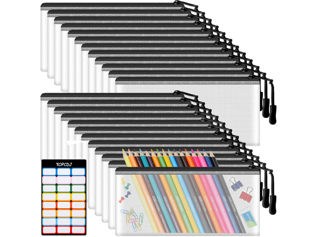 24pcs Mesh Zipper Pouch Bags 9.3 x 4.7 Inches, Black Small Clear Pouches Bulk, Travel Cosmetics Organization, Classroom and Office Supplies