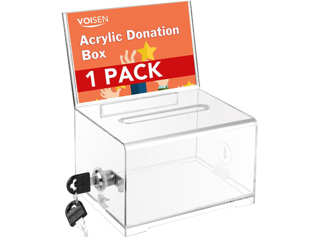 Clear Donation Box with Lock,Ballot Box with Sign Holder,Suggestion Boxes for Fundraising, Tip Jar with Slot for School,Conference 6.2x4.6x3.9 Inch