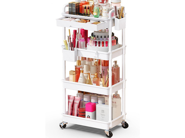Makeup Cart Organizer with Drawer,4 Tier Rolling Makeup Cart, White Rolling Vanity Storage for Skin Care Perfume Nail Polish, Floor Skincare...