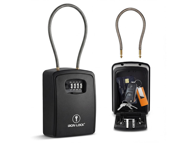 XXL Portable Key Lock Box, 15in Steel Cable, Code (XXL, Black) Holds 20-30 keys + car fobs; unique built-in tray; loops on gate or rail or...