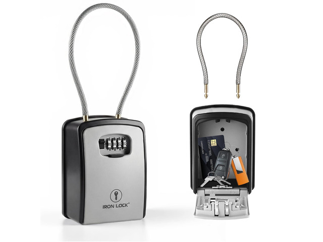 XXL Portable Key Lock Box, 15in Steel Cable, Code (XXL, Grey) Holds 20-30 keys + car fobs; unique built-in tray; loops on gate or rail or...