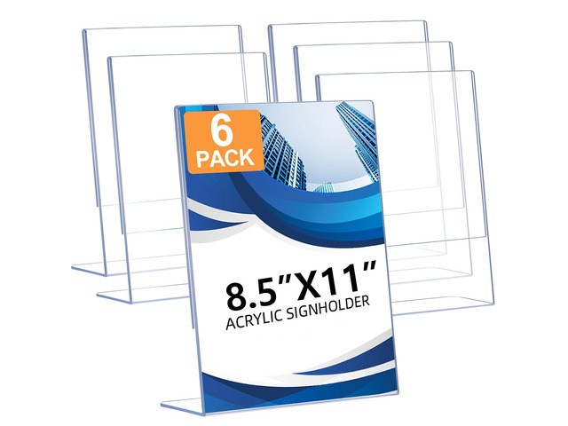 6 Pack Acrylic Sign Holder 8.5 x 11, Clear Plastic Display Stands for Tabletop, L-Shape Acrylic Stands for Flyers, Documents, Office, Restaurants,...