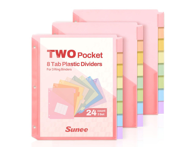 8 Tab Dividers with Pockets, Plastic Dividers for 3 Ring Binder, Subject Dividers with 2 Pockets, Binder Dividers for School Office Home Supplies,...