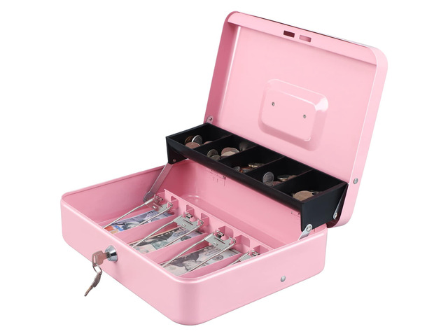 Cash Box with Key Lock, Metal Money Box, Safe Storage box, Pink Cash Box with Money Tray and Key Lock,Tiered, Cantilever Design,4 Bill / 5 Coin...