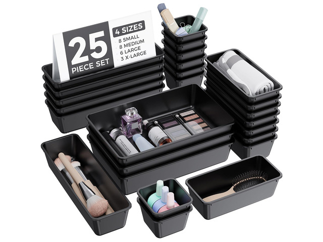 25 PCS Plastic Drawer Organizers Set, 4-Sizes Vanity and Makeup Organizer, Desk and bathroom Drawer Organizer Trays, Organizers and Storage for...