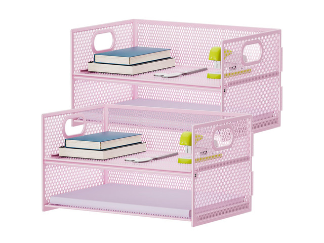 2 Tier Paper Organizer Letter Tray, Mesh File Organizer with Handle, Paper Sorter Desk Organizer for Home Office Supplies - 2P Pink
