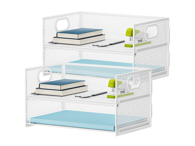 2 Tier Paper Organizer Letter Tray, Mesh File Organizer with Handle, Paper Sorter Desk Organizer for Home Office Supplies - 2P White