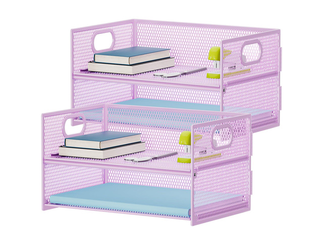 2 Tier Paper Organizer Letter Tray, Mesh File Organizer with Handle, Paper Sorter Desk Organizer for Home Office Supplies - 2P Purple