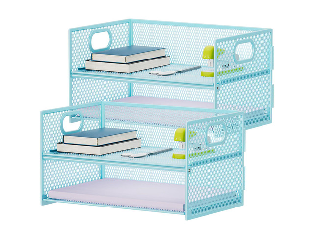 2 Tier Paper Organizer Letter Tray, Mesh File Organizer with Handle, Paper Sorter Desk Organizer for Home Office Supplies - 2P Blue