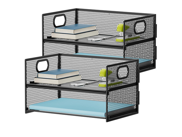 2 Tier Paper Organizer Letter Tray, Mesh File Organizer with Handle, Paper Sorter Desk Organizer for Home Office Supplies - 2P