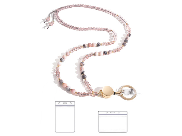Lanyards for ID Badges and Keys,Natural Stone Beaded Teacher Lanyard for Women,Retractable Lanyard with ID Holder Cute Lanyards for Teacherspink