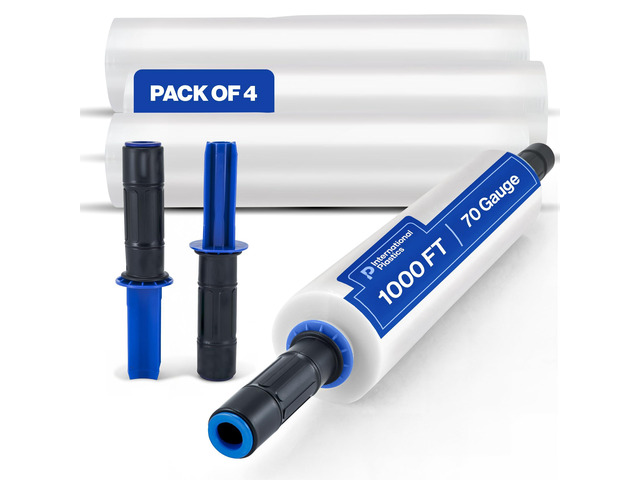 4 Pack of 15'' Stretch Wrap, Rotating Handles for Moving, Heavy Duty Plastic Film, Furniture Pallet Packing, Clear, 70 Gauge, 1000 feet Each 500%...
